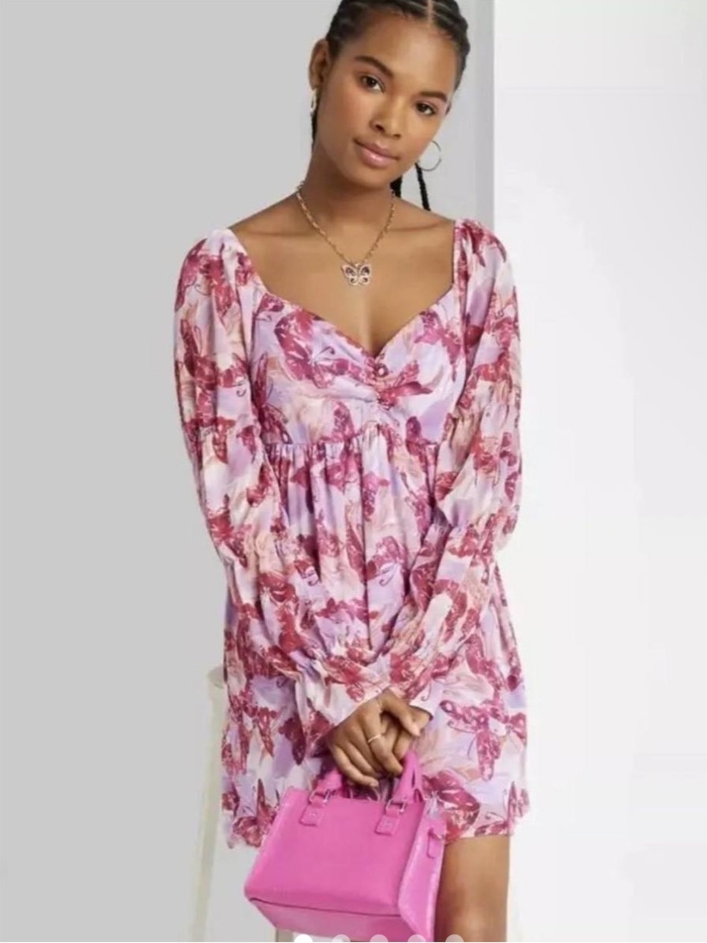 (New) Wild Fable Butterfly Babydoll Mini-Dress Ruched Long Sleeve Sheer (M)